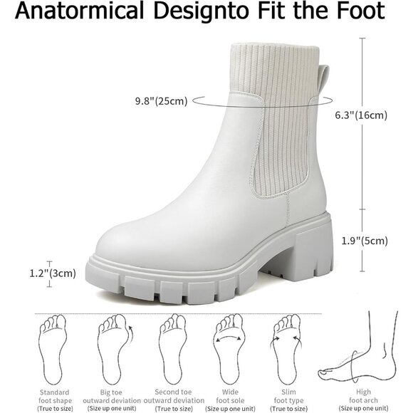 Women's White Chelsea Platform Ankle Boots Fashion Chunky Heel - Picture 5 of 7